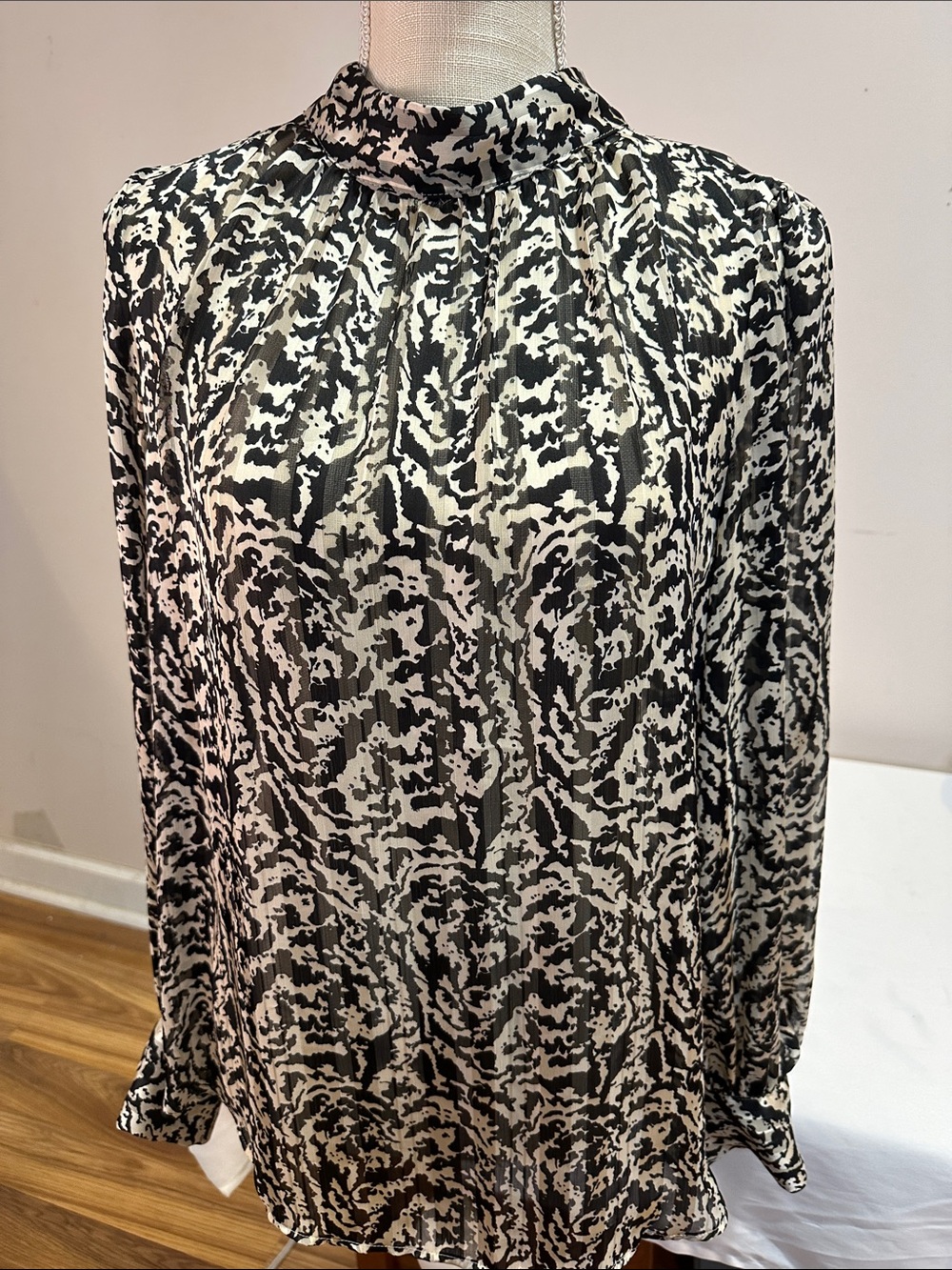 H&M Black and White Printed Mock-Neck Blouse
